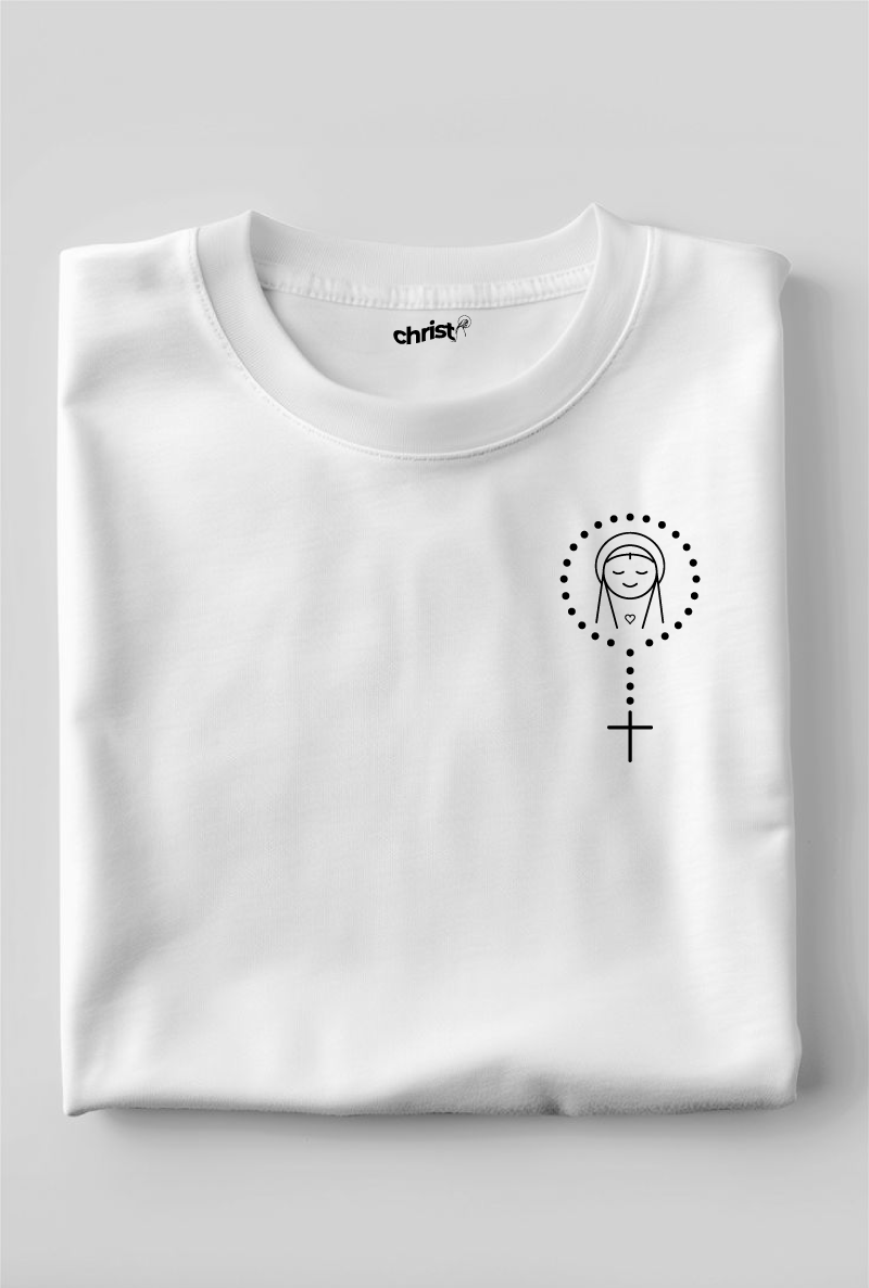 White rosary T-shirt with Design For Christ artwork